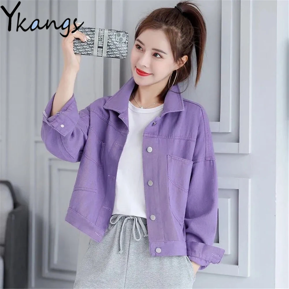 

Purple Big Pockets Button Simple Vintage Jean Jackets Wild Streetwear Spring Autumn Denim Coat Women Casual Vintage Outwear Top