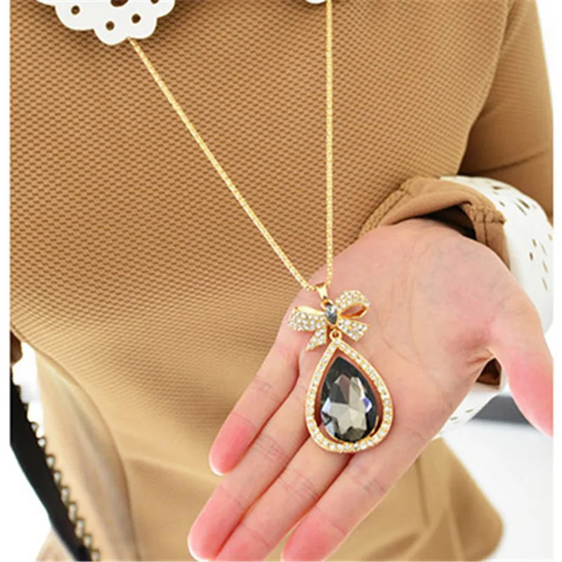 

New Fashion Crystal Water Drop Pendant Necklace Women Girl Lover Gold Long Chain Fashion Necklace Gifts