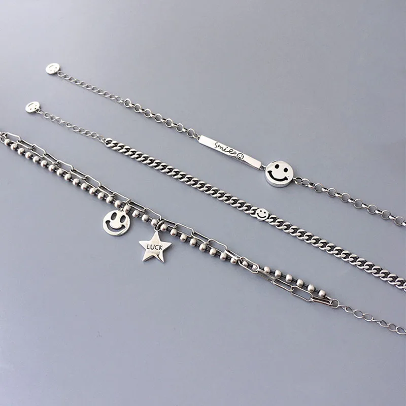

MEYRROYU New 925 Sterling Silver Bracelet Fashion Retro Trend Punk Style Smileys Face Bracelet Ladies Birthday Jewelry Gift