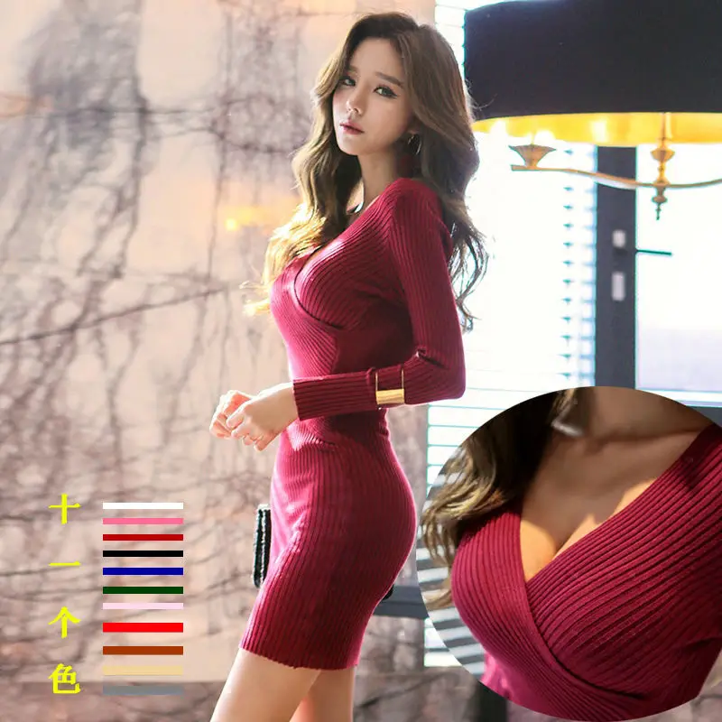 

2020 New Autumn Winter Women Elegant Long Sleeve V Neck Knitted Dress Female Vintage Fashion Solid Sweater Office Dresses E415