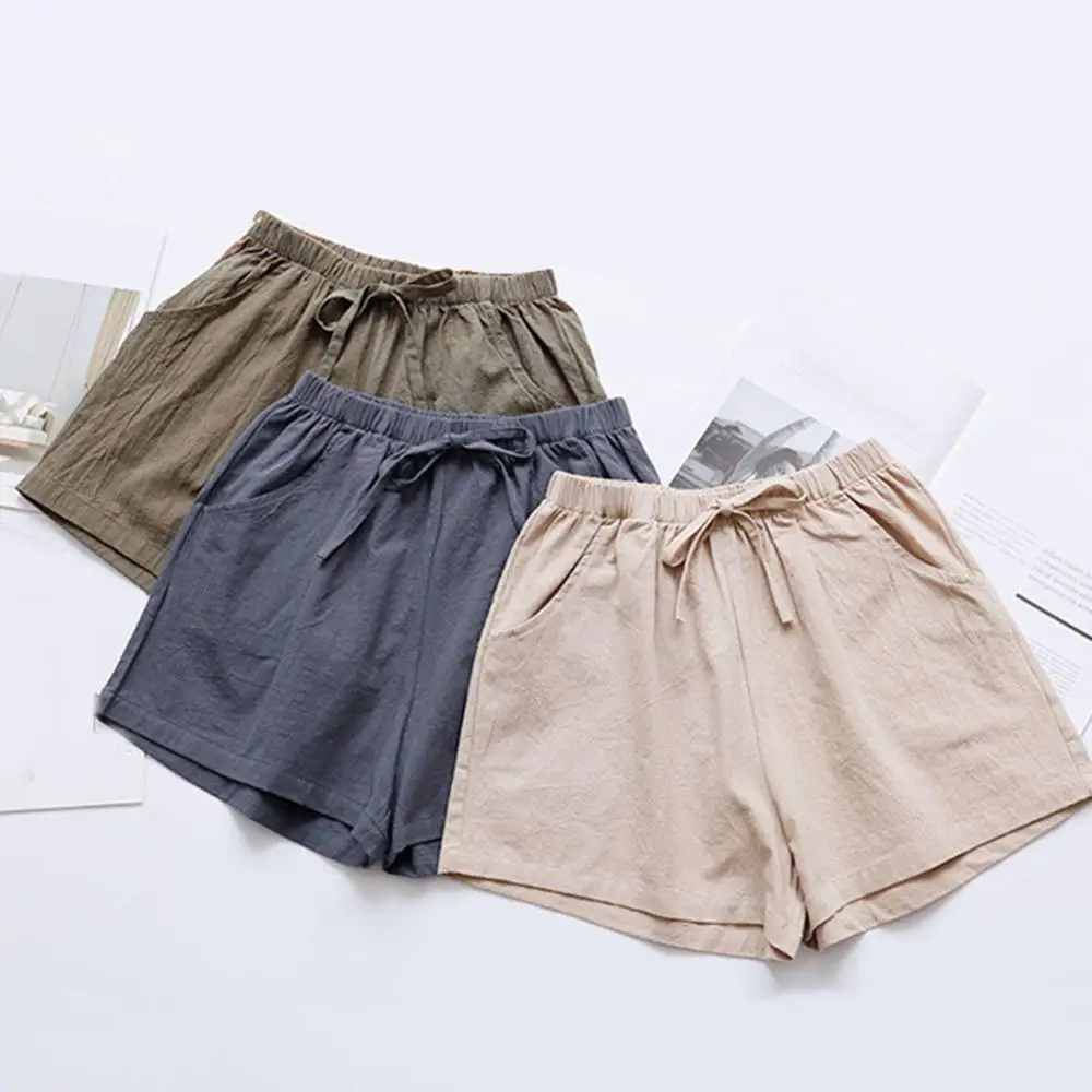 Шорты женские однотонные с завышенной талией модные повседневные хлопково