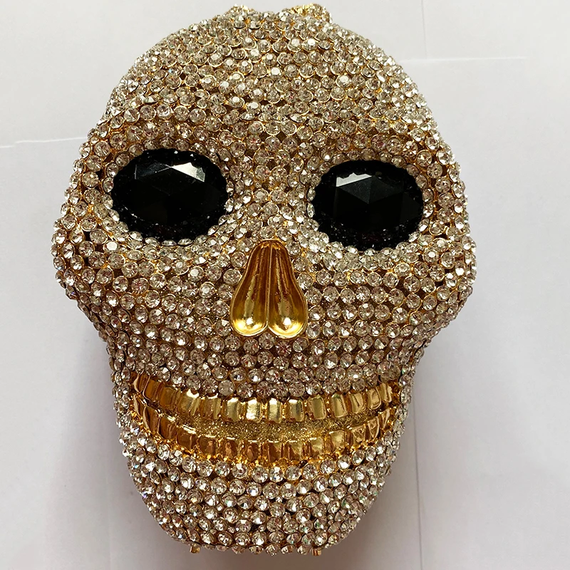 

New Arrival Gold Metal Skull Shape Clutch Fashion White Rhinestone Diamond Women’s Party Purse Small Chain Crystal Phone Case