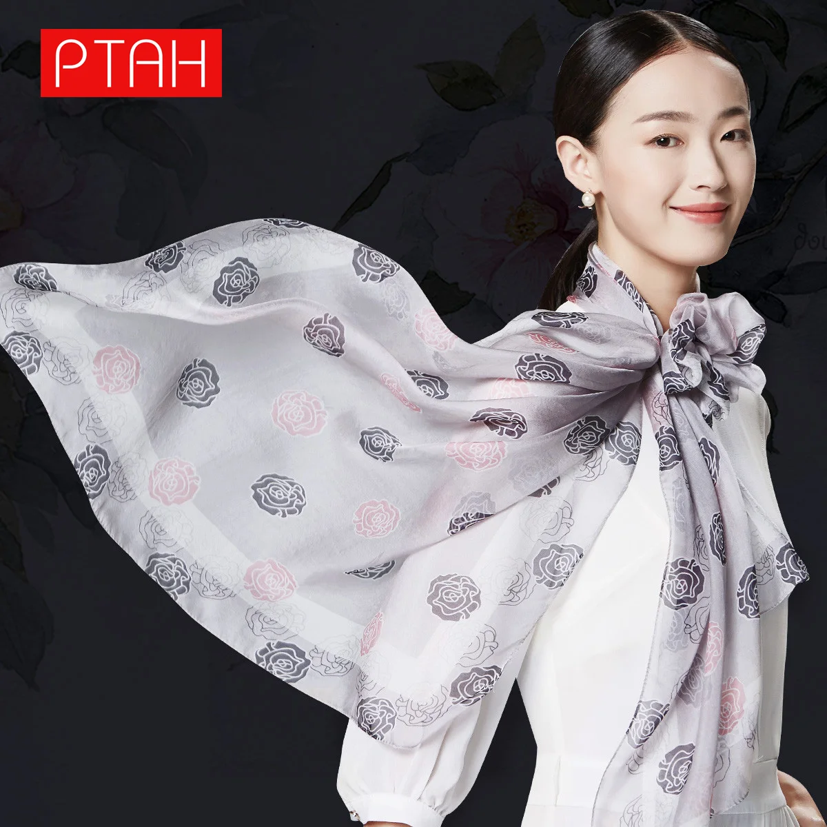 

[PTAH]Temperamen 100% Mulberry Silk Scarf Ladies Lightweight Small Square Breathable Digital Printed Scarf High Quality 180*65cm