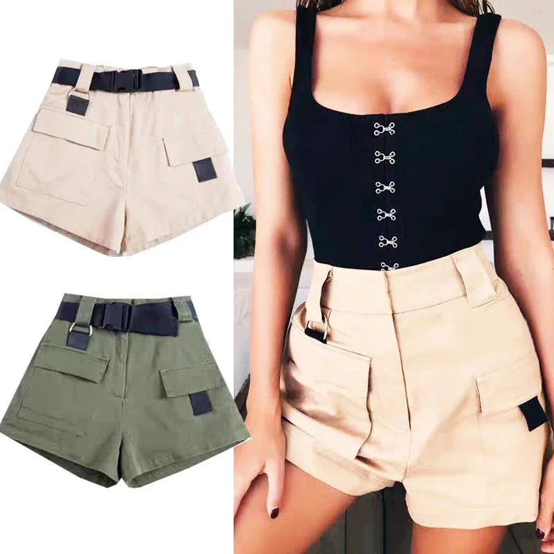 

Fashion Women Shorts Summer High Waist Personality Fitness Shorts Daily Casual Wide Legs with Pocket Khaki Streetwear Shorts
