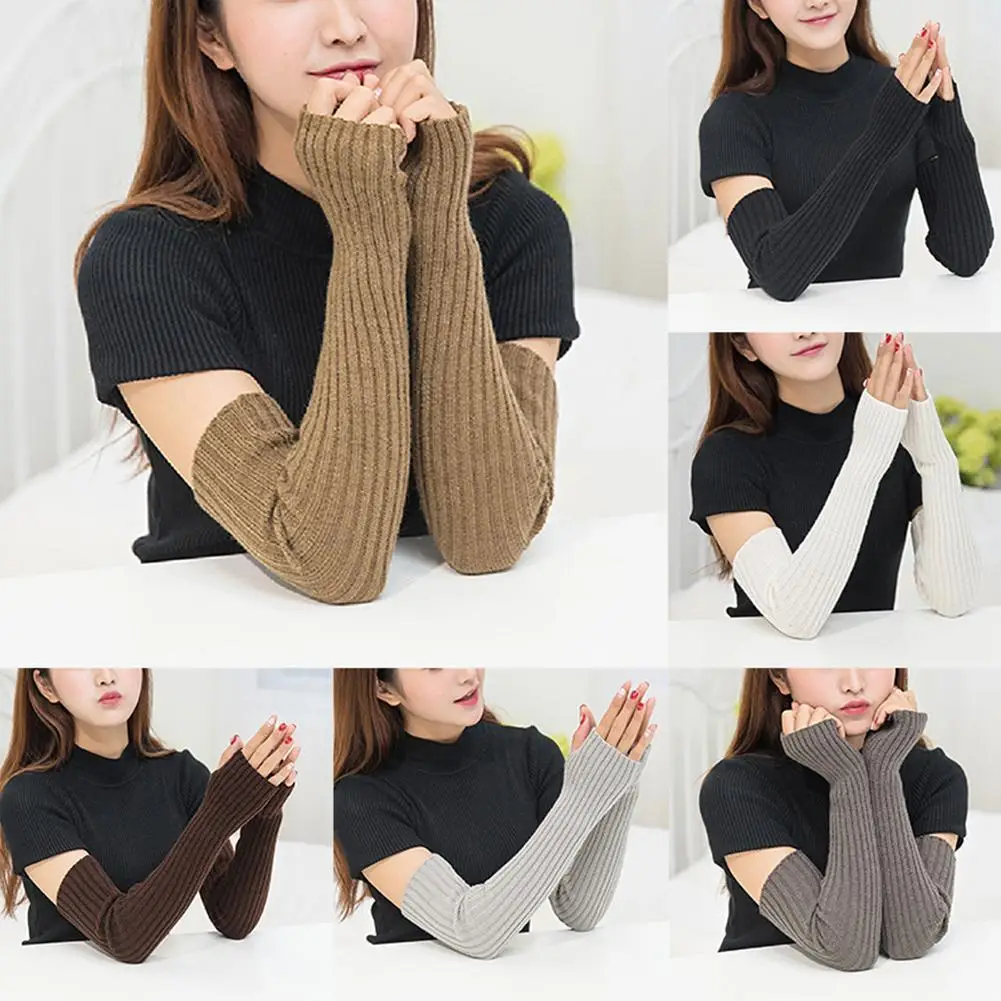 

Winter Women Arm Warmers Knitted Woolen Arm Sleeve Fine Long Knitted Fingerless Gloves Casual Warm Soft Female Gloves Hot Sale