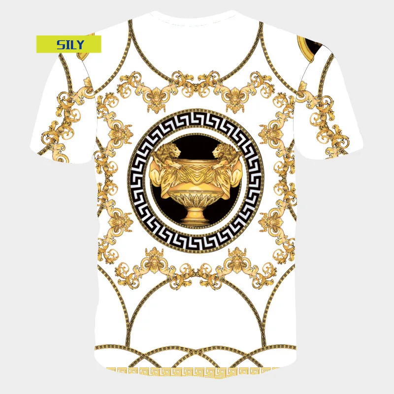 

Summer New European and American 3D Printed Short Sleeve Trendy Unique Gold Flower Carved Men's and Women's T-shirt