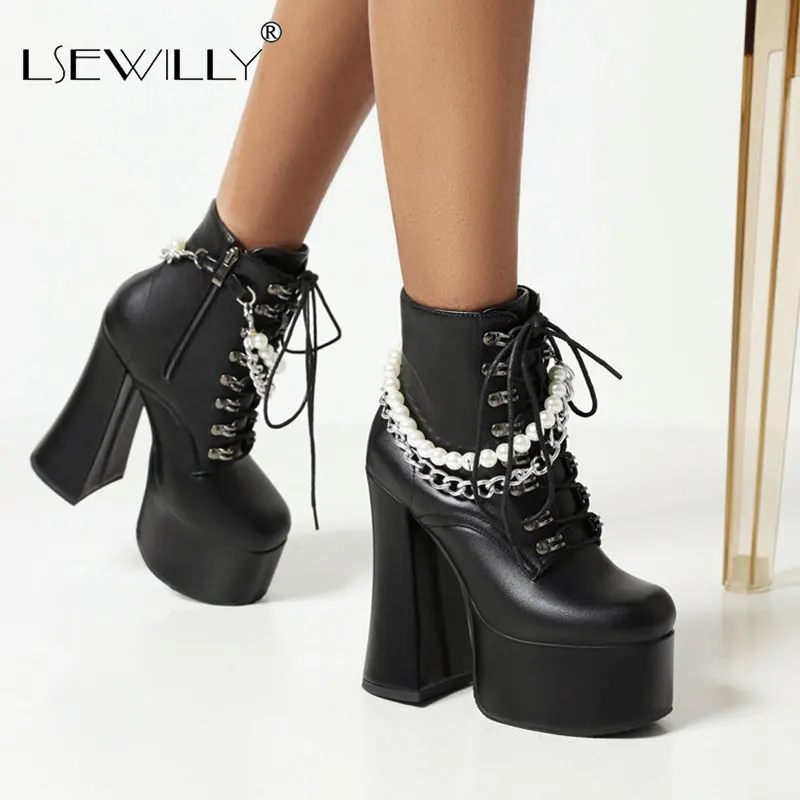 

Lsewilly 2022 Newest Super High Heels Platform Shoes Women Ankle Boots Chain Pearl Sexy Gladiator Shoes Women Nightclub Shoes