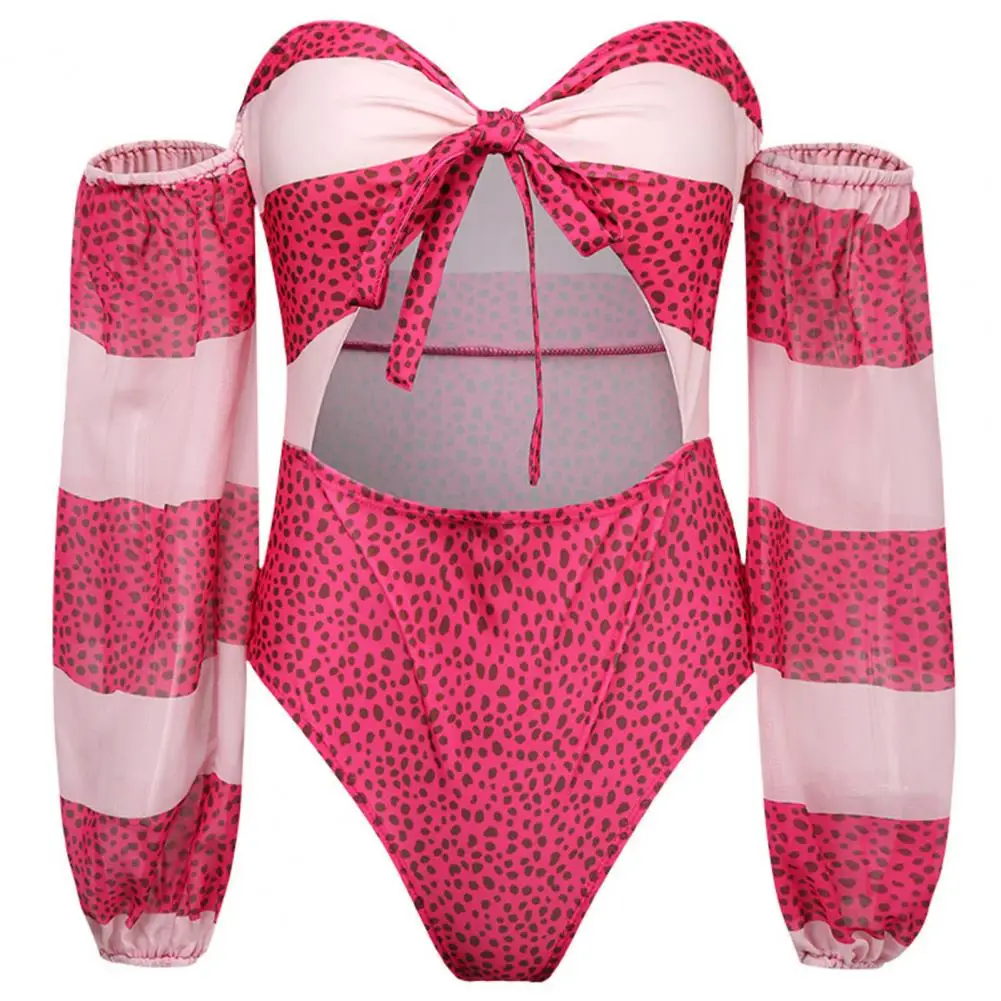 

2Pcs/Set Polka Dot Print Long Sleeve Push Up Navel Exposed Padded One-piece Bikini Swimsuit Cover Up Swimwear for Swimming