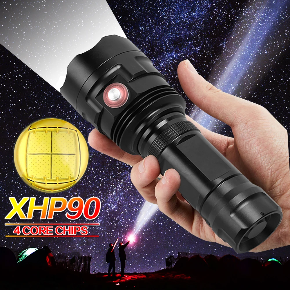 

High power XHP90 USB rechargeable LED flashlight powerful flashlight waterproof outdoor hunting light using 18650 or 26650 Batte