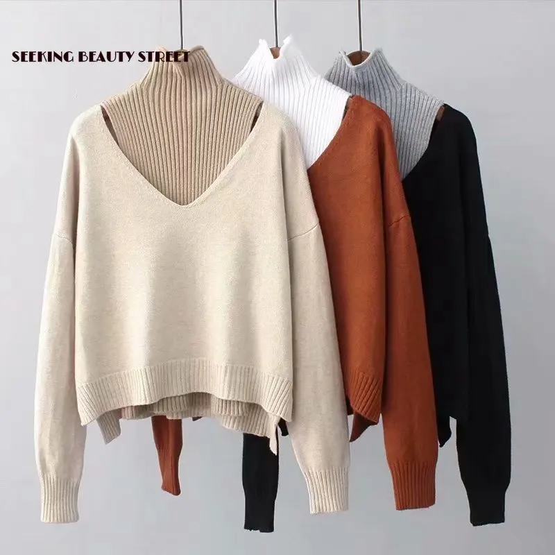 Новый зимний свитер с двумя круглыми воротниками для 2019 женский пуловеры из двух