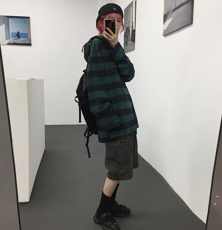 

2021 Harajuku Oversized High Street Stripe T-shirt Long Sleeves Vintage Style All-match Fashion Unisex Clothes Streetwear