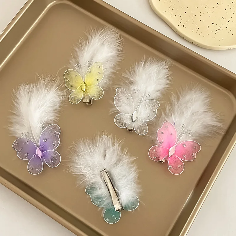 

White Feather Butterfly Hair Clips Handmade Lace Girls Hairpin Cute Princess Dance Birthday Party Barrettes Kids Headwear