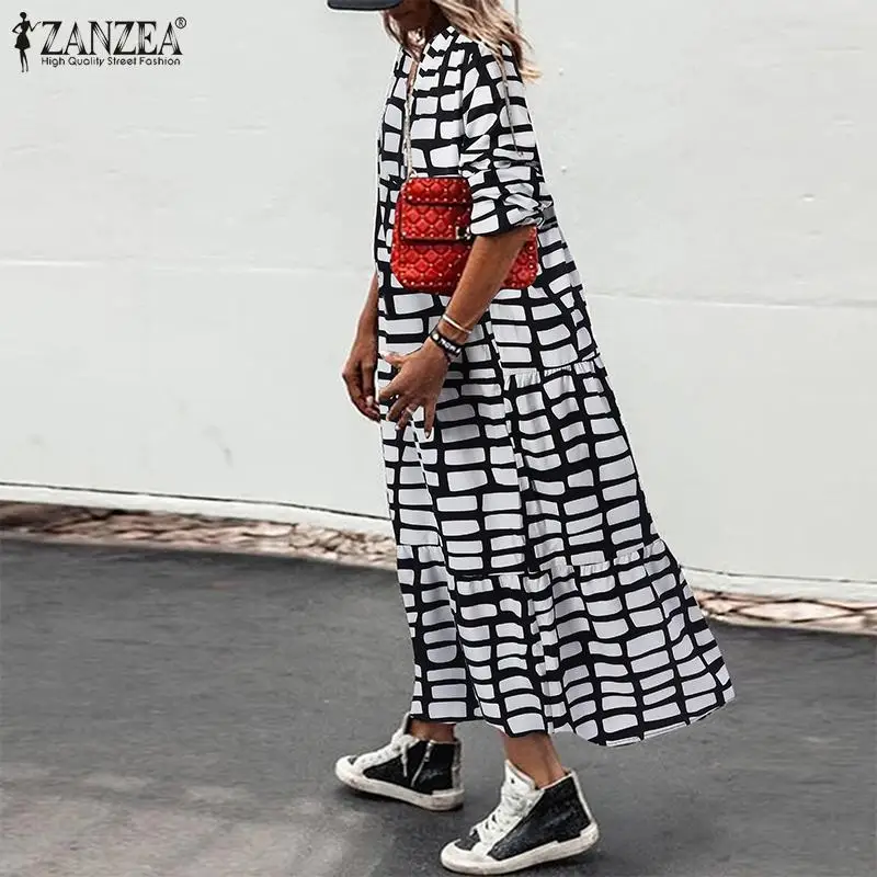 

2022 стильный клетчатый сарафан, женское Повседневное платье миди с длинным рукавом-фонариком ZANZEA, элегантный клетчатый кафтан с принтом, пра...