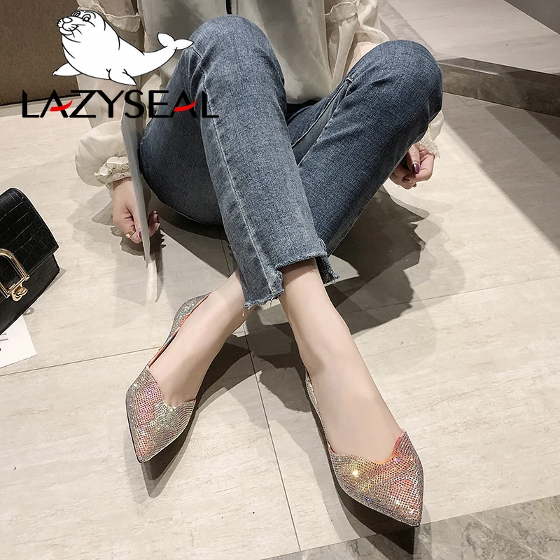 LazySeal/осенние туфли-лодочки с острым носком, украшенные кристаллами женская обувь без застежки на каблуке 6 см; новая классическая женская свадебная обувь для вечеринок