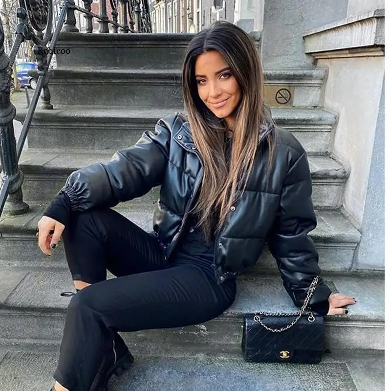 Winter Thick Warm Short Parkas Women Fashion Black Pu Leather Coats Women Elegant Zipper Cotton Jackets Female Ladies