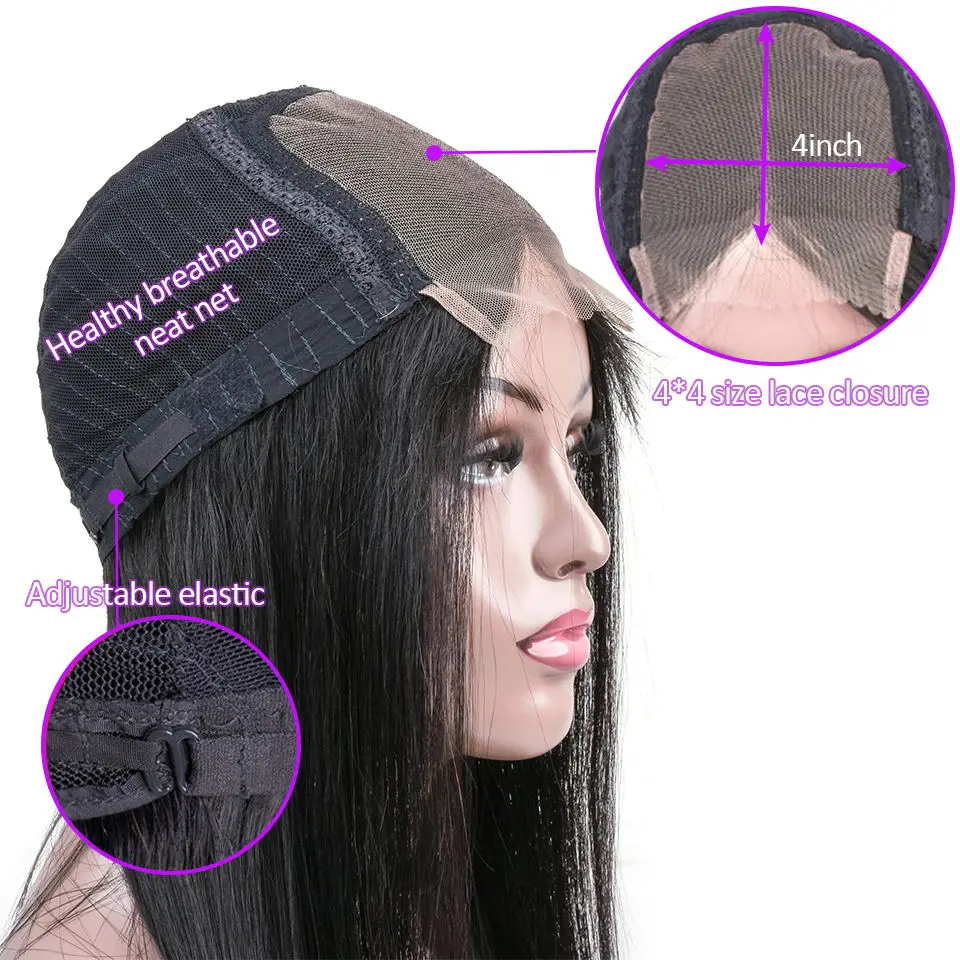 HairUGo 4*4 бразильский парик на шнурке человеческие волосы парики для черных женщин не-Реми волосы на шнурке прямые парики с детскими волосами