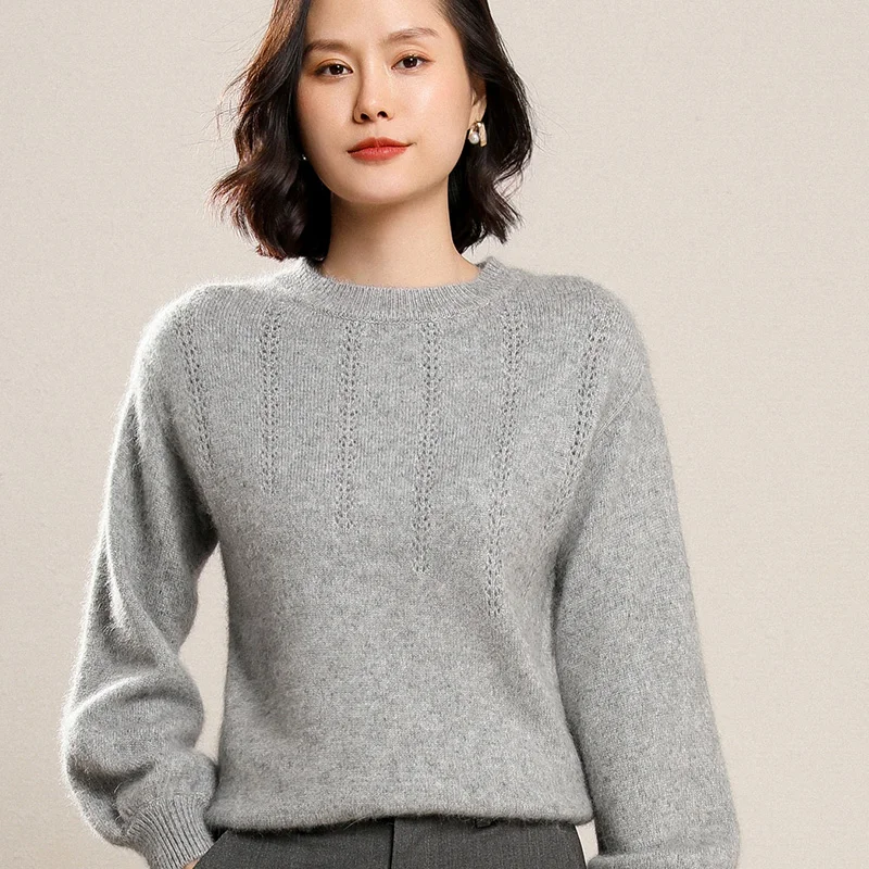 Женский свитер из норковой шерсти пуловер с круглым вырезом свободные рукавами в