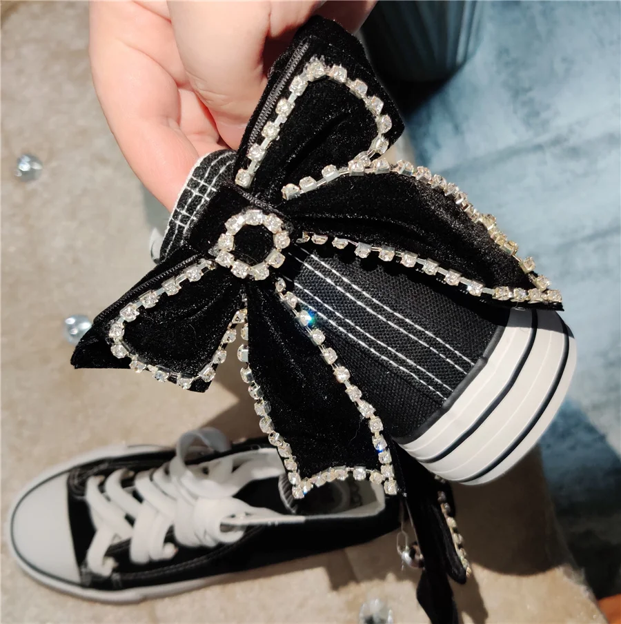 

New fashion soft sister tie super fairy cute rhinestone bow inner high canvas shoes women's flat bottom