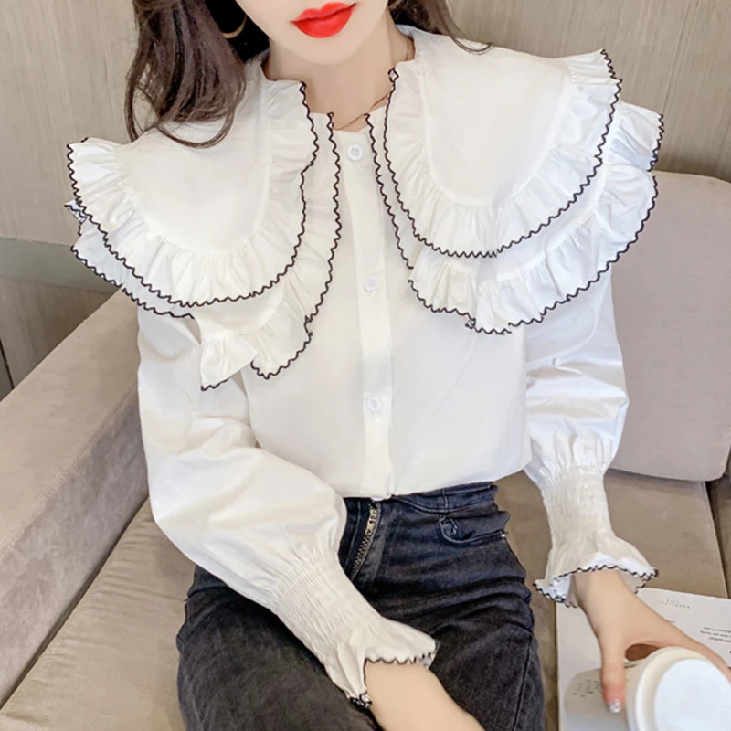 Женская рубашка с длинным рукавом и оборками белая Повседневная элегантная