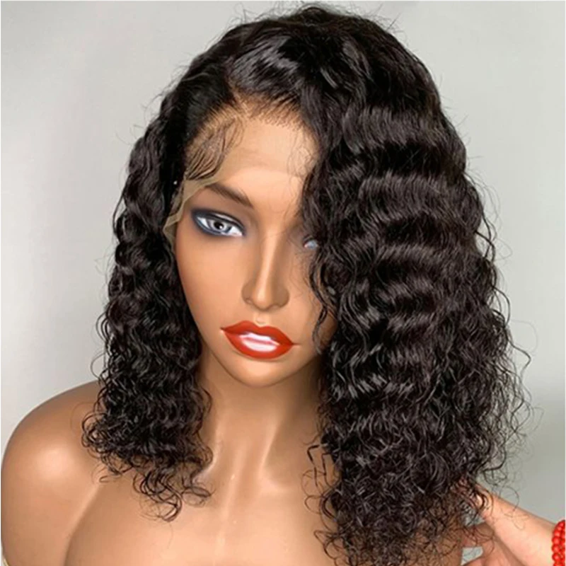 

Black Color Short Bob Lace Front Wigs for Women Babyhair Preplucked Heat Resistant Deep Wave Synthetic Glueless 14 inch Curly