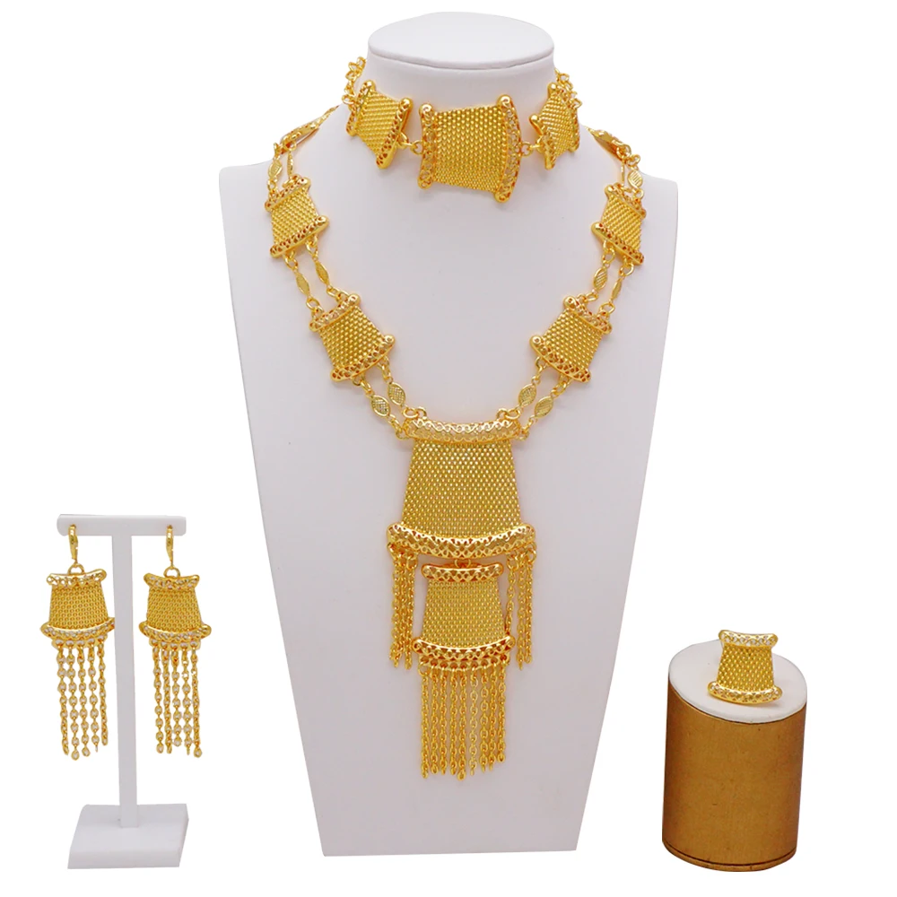 

Luxury 24K Dubai Jewelry Gold Color Arabic Ethiopian African Wedding Gifts Bridal Bracelet Necklace Earrings Ring Jewellery Set