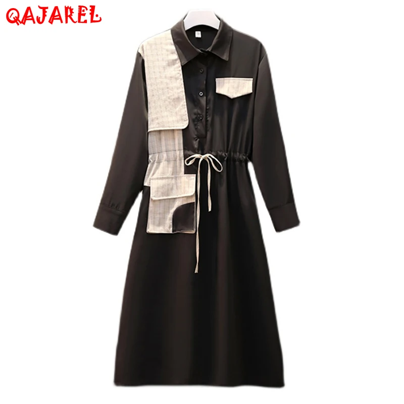 

Women Black Hepburn Patchwork Midi Dress Autumn Winter Korean Vintage Casual Dresses 2022 New Elegant Bodycon Long Sleeve Dress