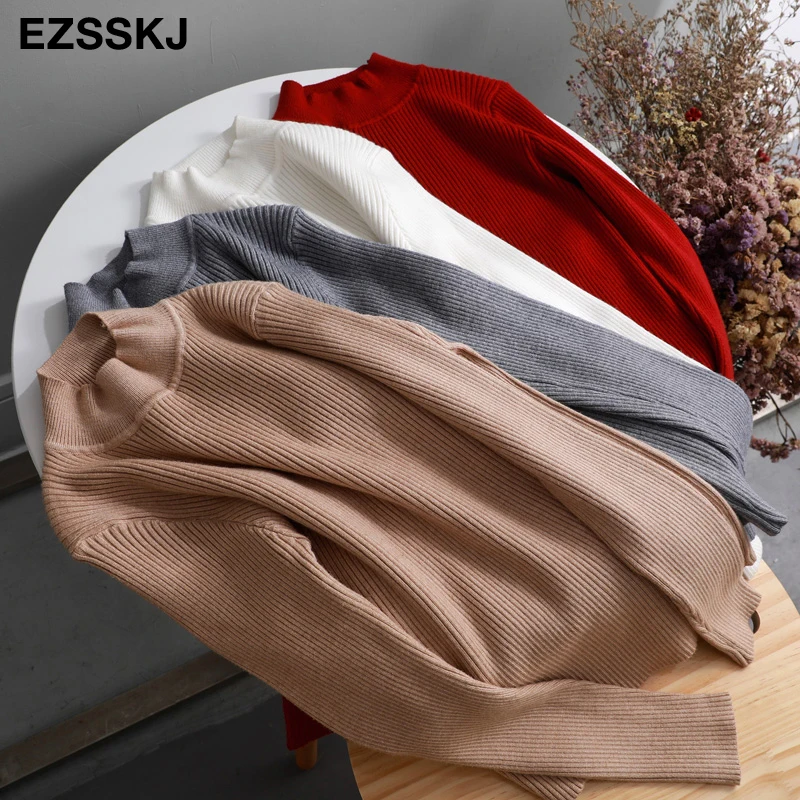 Базовый облегающий плотный свитер зимний теплый вязаный с длинным рукавом и