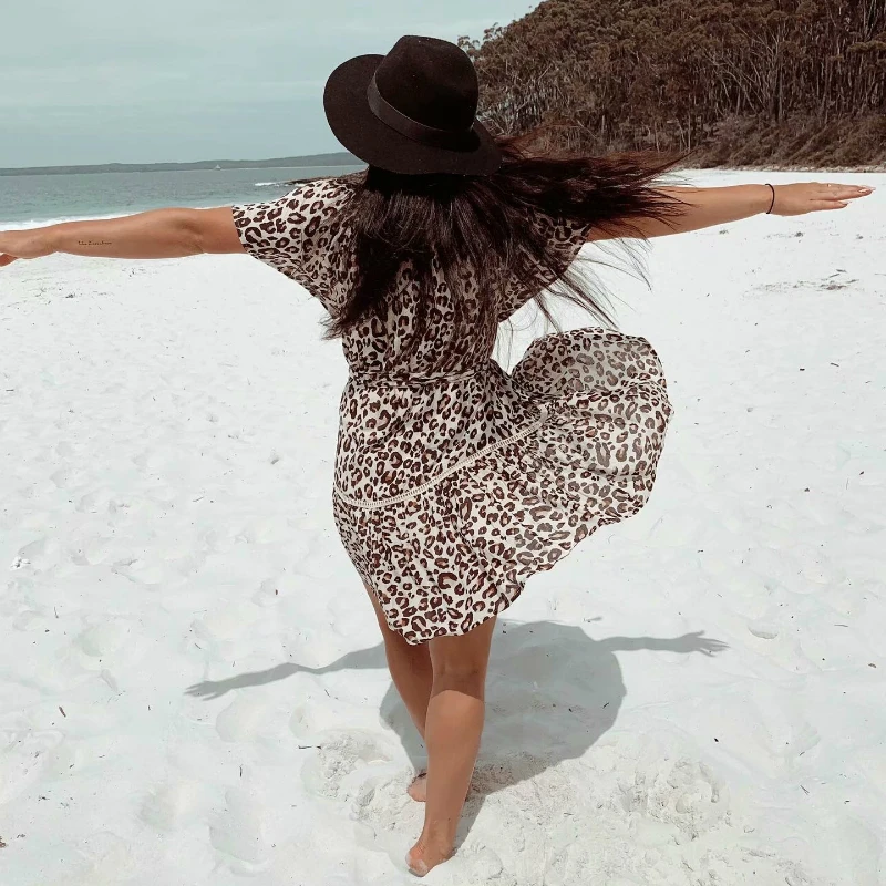 Женское винтажное мини платье с леопардовым принтом V образным вырезом|Женские