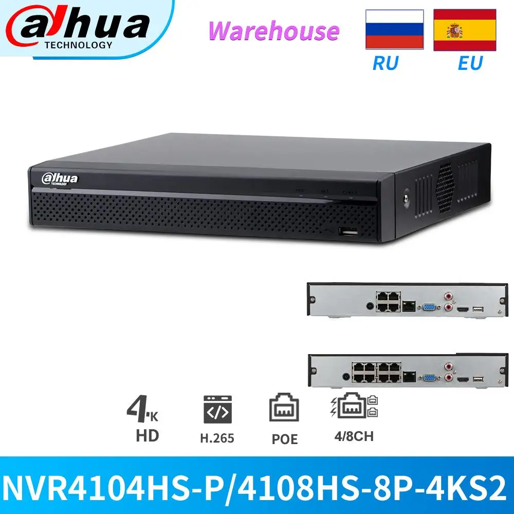 

Dahua NVR PoE 4K 8MP 4CH 8CH NVR4104HS-P-4KS2 NVR4108HS-8P-4KS2 IVS NVR Network Video Recorder cam For IP Camera CCTV Security