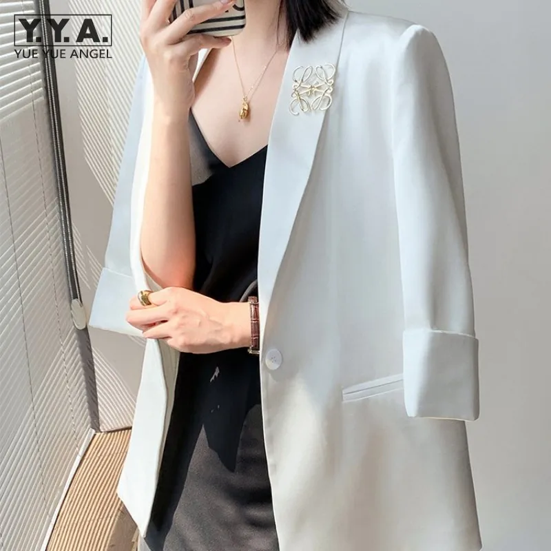 

Office Ladies Business Work Blazer Jacket Women One Button Three Quarter Spring Summer Thin Suit Coat New Fashion White Blazers