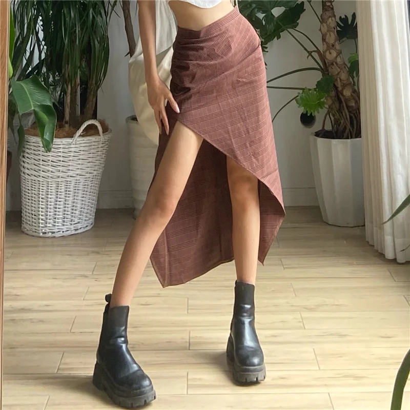 

Kywommnz Women Irregular Half-length Skirt Plaid-Stitching Split Folds High Waist Was Thin And Retro Skirt Summer 2021 E3062