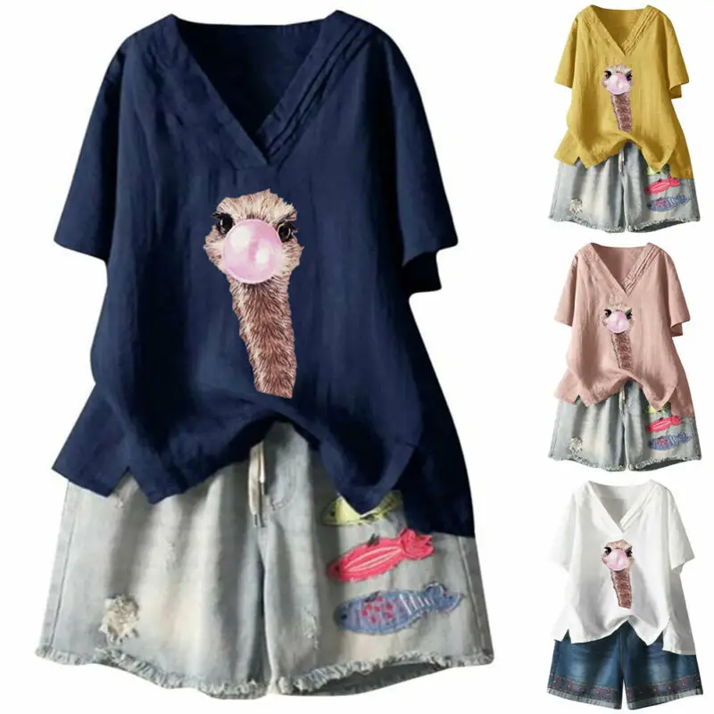 

Animal Printed t Shirt Female Short Sleeve Women's T-Shirt Holiday Retro V Neck Top Loose Pullover t Shirt Summer Tees Women