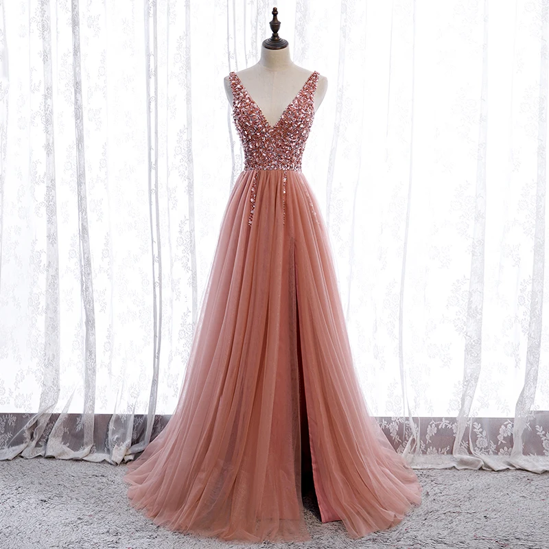 

Sexy backless Wedding party dress plus size hand beading long formal evening dresses V neck sleeveless cocktail evening gown