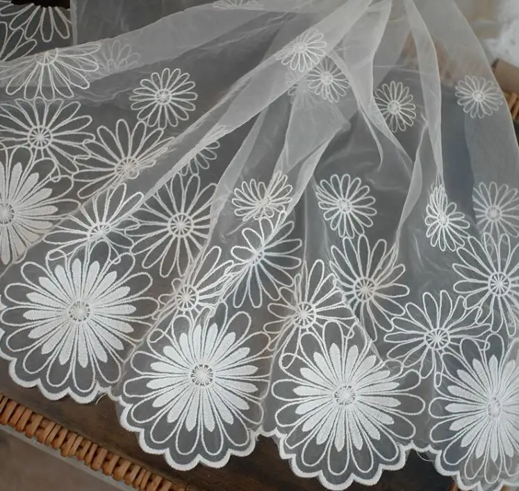 

1Yard 32 cm Width Sun Flower Embroidered Lace Trim White Mesh Doll's Dress Clothes Curtains Home Textile Handmade Sewing Fabric