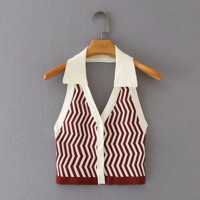 

Summer crop top women 2021 sexy tops korean fashion turn down collar top backless knit tops elegant button up tank top striped