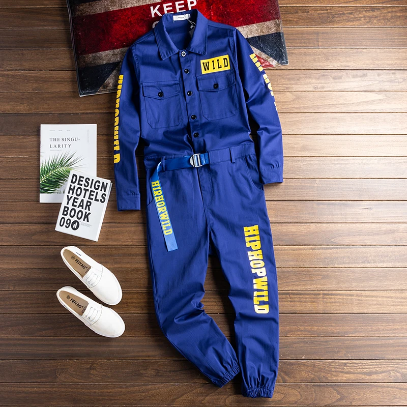 Spring Overalls Men Jumpsuit Cotton Letter Print Beam Feet Coverall Pants Multi Pocket Workwear Yellow Red Loose Trousers images - 6
