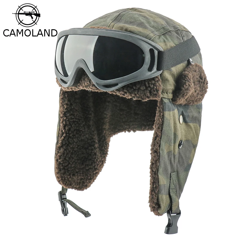 Зимняя шапка ушанка CAMOLAND для женщин русская с очками Мужская камуфляжная Теплая