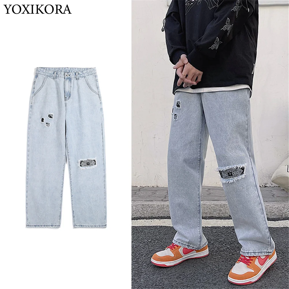 

Summer New Style Washed Patch Jeans Men's Loose Fit Straight Wide-Leg Pants Trousers