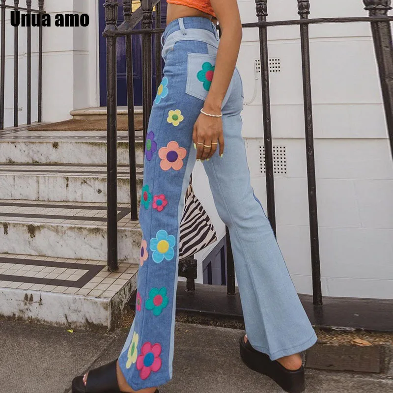 Unua amo Stylish Flower Patch Embroidery Denim Pants For Women Streetwear Wild Flare Trousers Female Contrast Color Baggy Jeans
