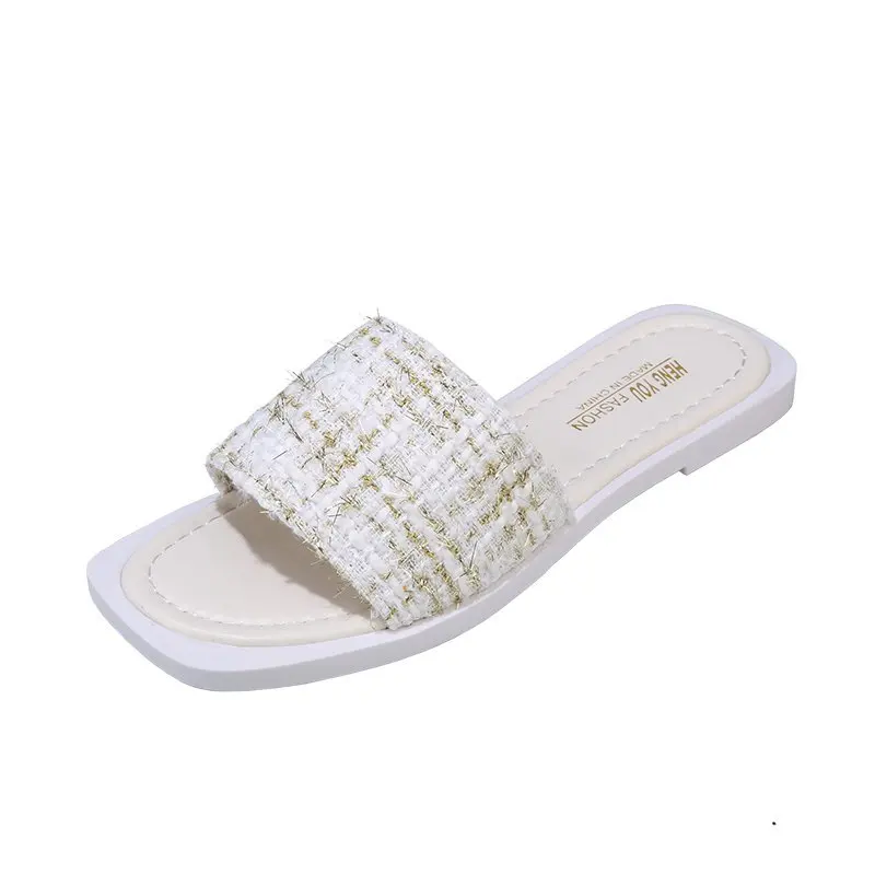 

Flat Shoes Female Slippers Women Summer Slides Pantofle Fashion Flock Square Toe Soft 2021 Luxury Rubber Basic PU Scandals Rome