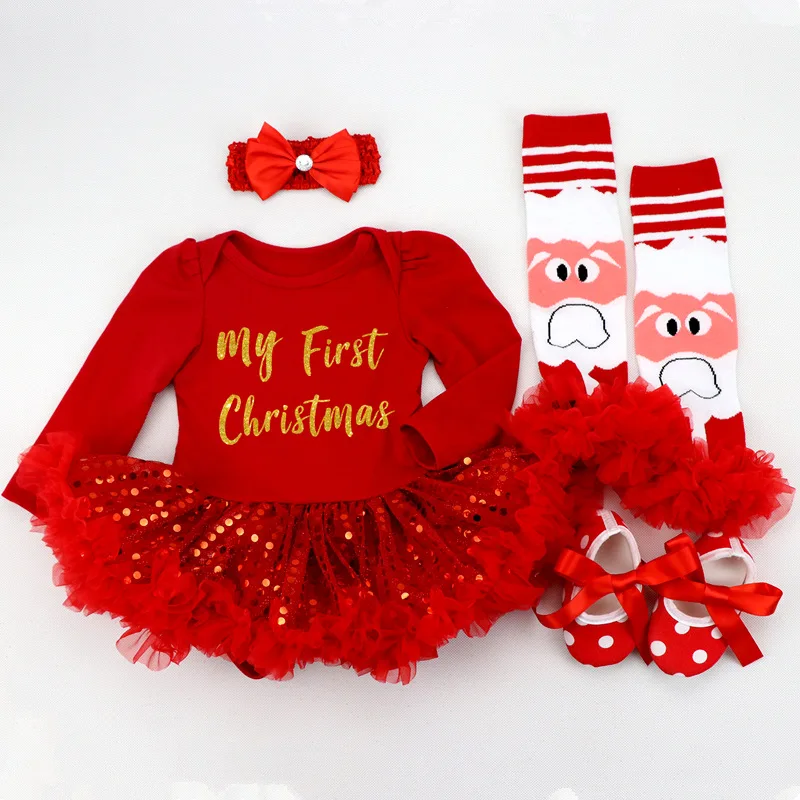 

The girl's baby red long-sleeved dress with bright sequins will be dressed in a Christmas four-piece suit