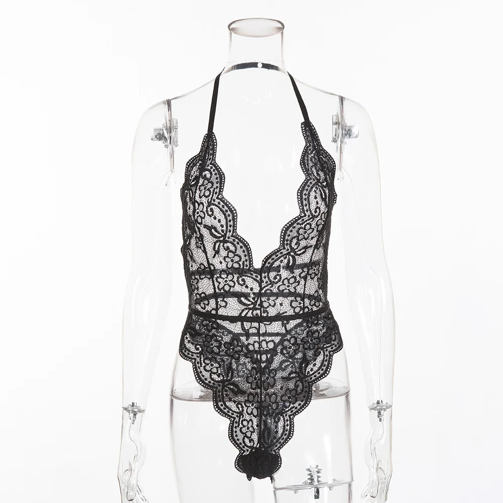 

Women Deep V Neck Erotic Translucent Sexy Lingerie Lace One-Piece Back Hollow Webbing Sleeveless Backless Bodysuit