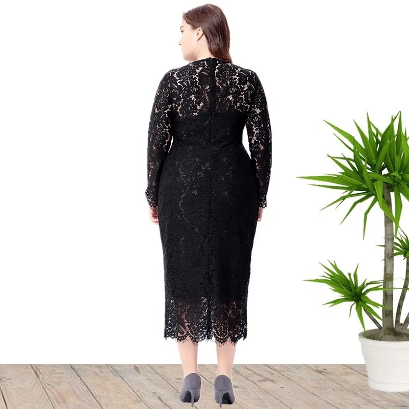 Women Lace Party Dress Plus Size 5XL 6XL 2021 O-neck Transparent Long Sleeve Mid-Length Bodycon Club Prom 4XL Cocktail Gowns