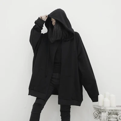 Женский Свободный свитшот с большими карманами Черный капюшоном куртка-накидка