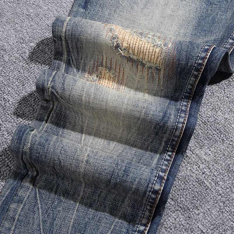 European Vintage Fashion Men Jeans Retro Distressed Wash Slim Fit Ripped Jeans Men Destroyed Patchwork Designer Denim Punk Pants