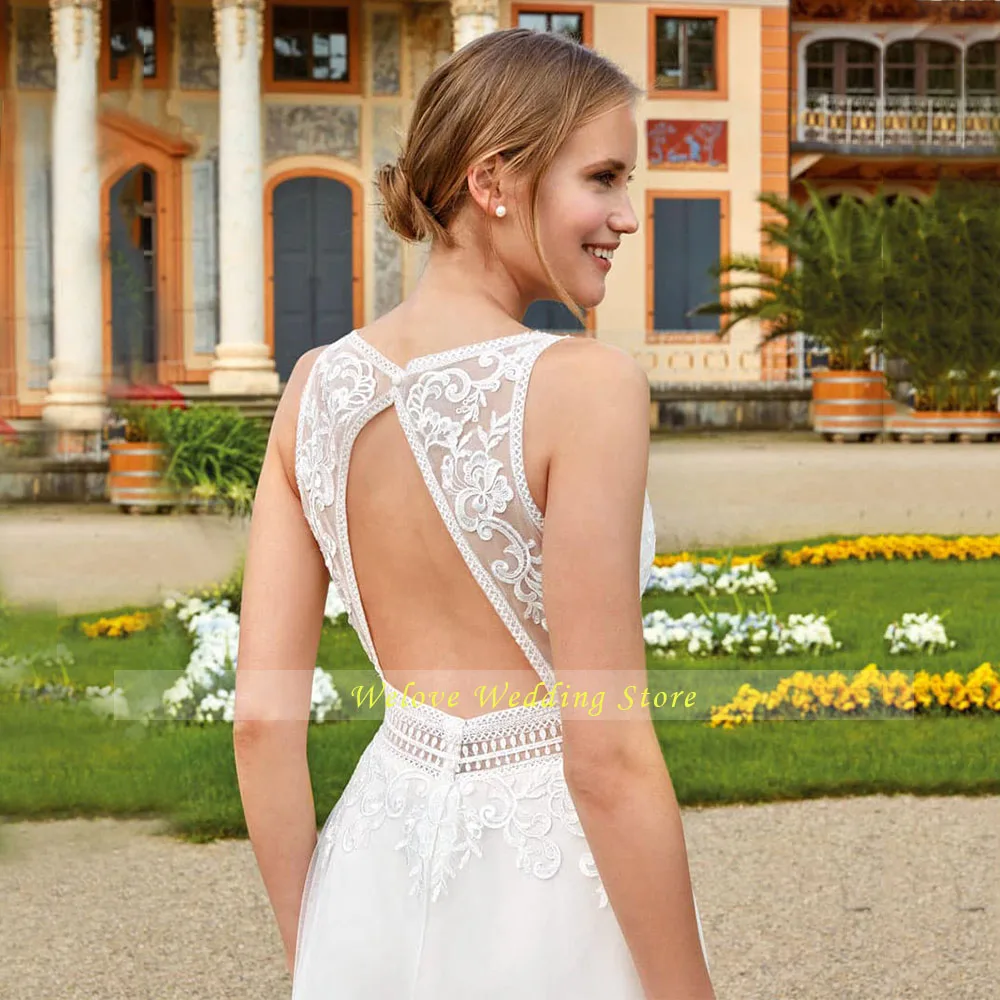 

Backless Bohemian A Line Simple V Neck Wedding Dresses Regular Cap Sleeve Exquisite Applique Tulle Bridal Gown Rustic