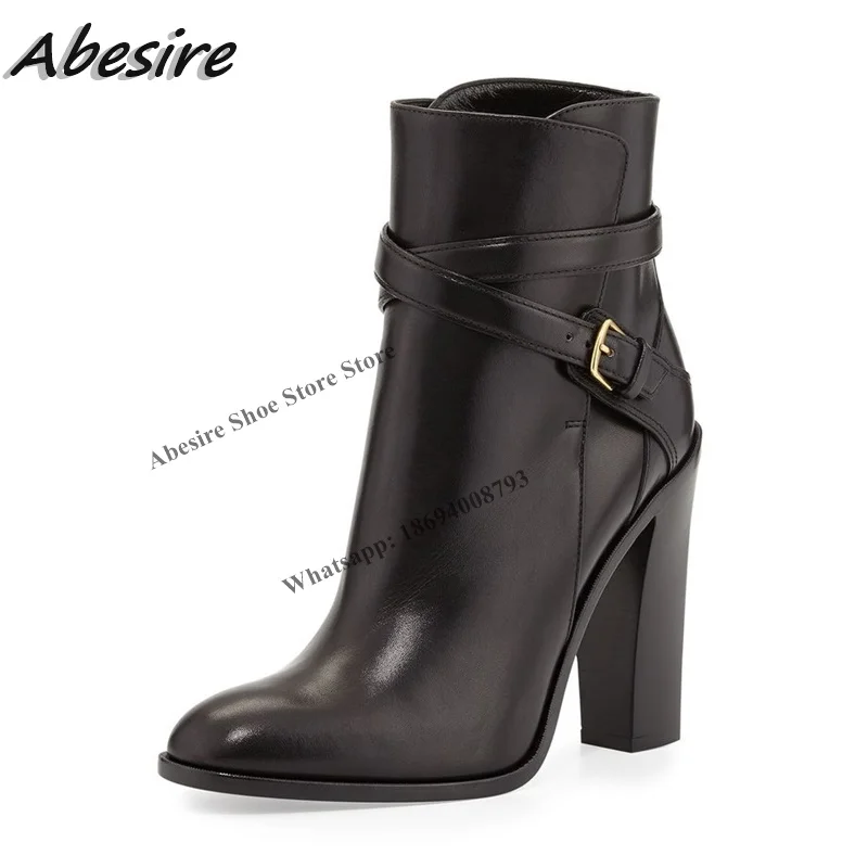 Abesire Short Boots Black Buckle Soft Leather Thick High Heel Round Toe Ankle Women Boots Solid New Autumn Winter Big Size Shoes