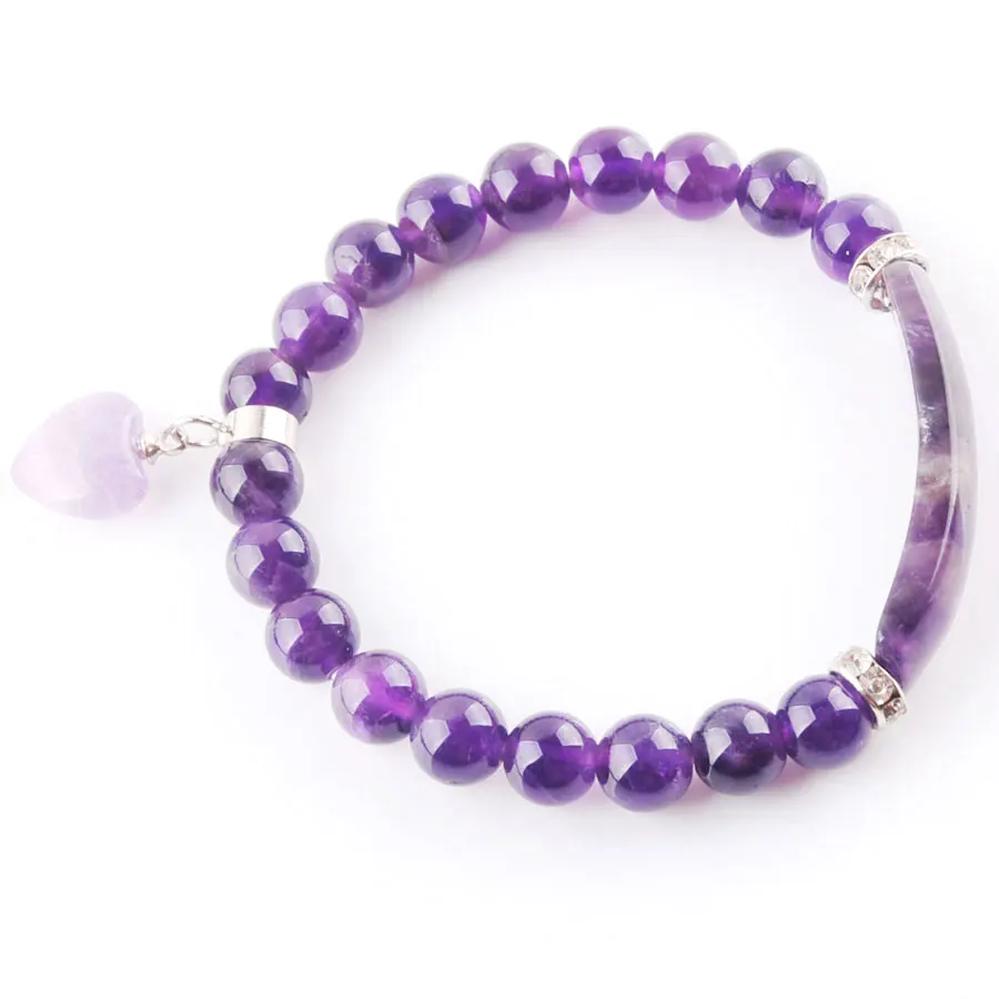 

WOJIAER 10Pcs/lot 8mm Round Beads Wrist Bracelets & Bangles Heart Fitting Natural Amethysts Gem Stone Couples Jewelry PK3340