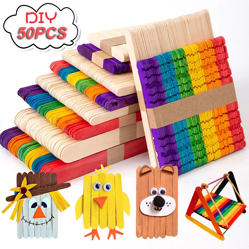 

50PC Bag of Original Color Ice Cream Stick Handmade Diy Toy Small Wooden Stick Wooden Stick Color Ice Cream Stick Popsicle Stick