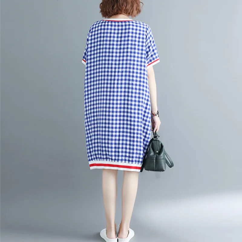 #0110 летнее повседневное красное/синее клетчатое платье женское свободное